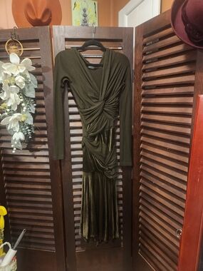 Donna Karan Olive Green Draped Knot-Detail Midi Dress